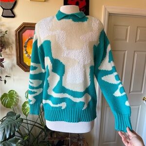 Vintage Retro 70’s Chic Teal and White Women's Swirl Pattern Collared Sweater